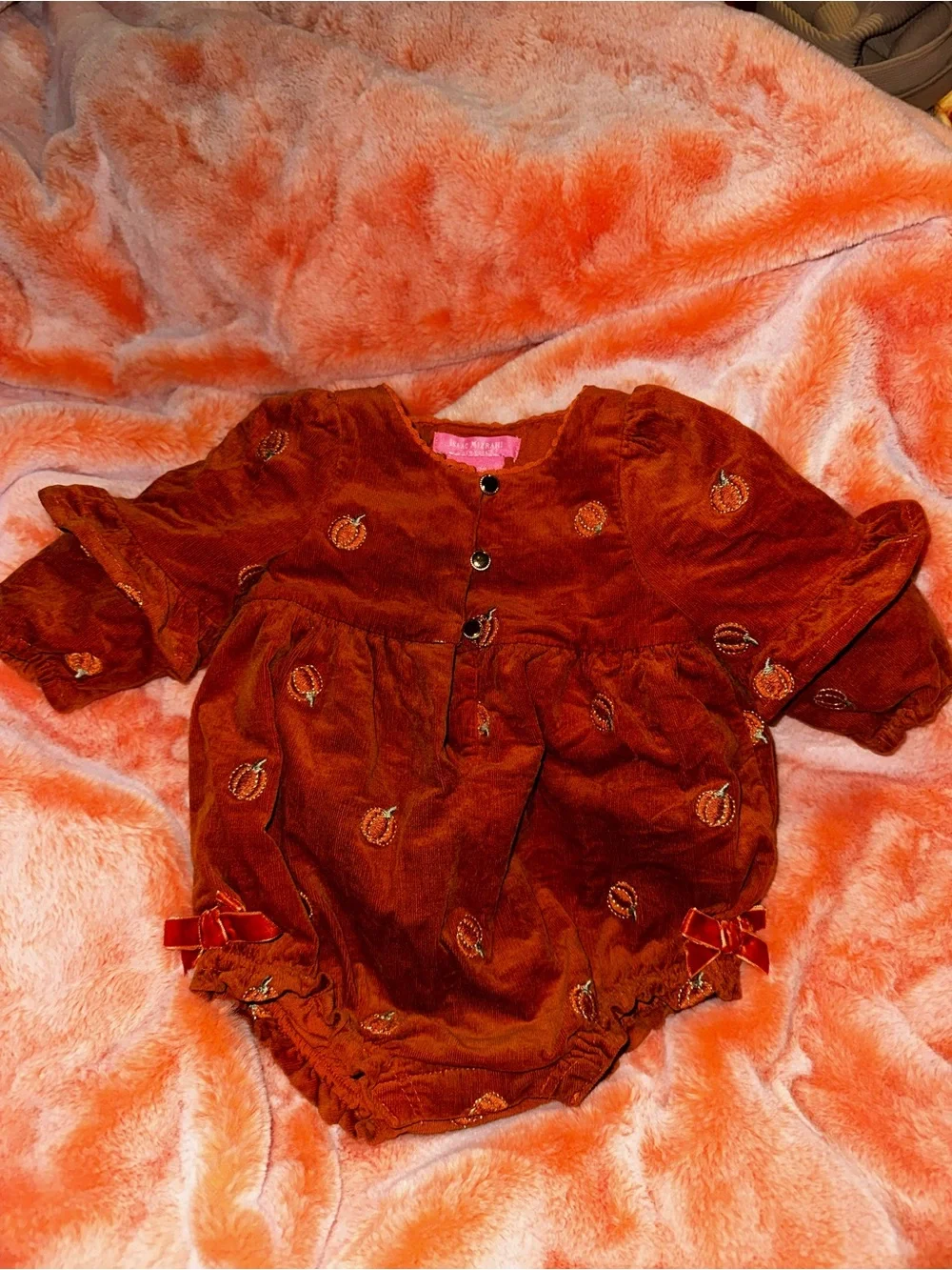 Isaac Mizrahi Rust Velvet Baby Romper with Pumpkin Embroidery